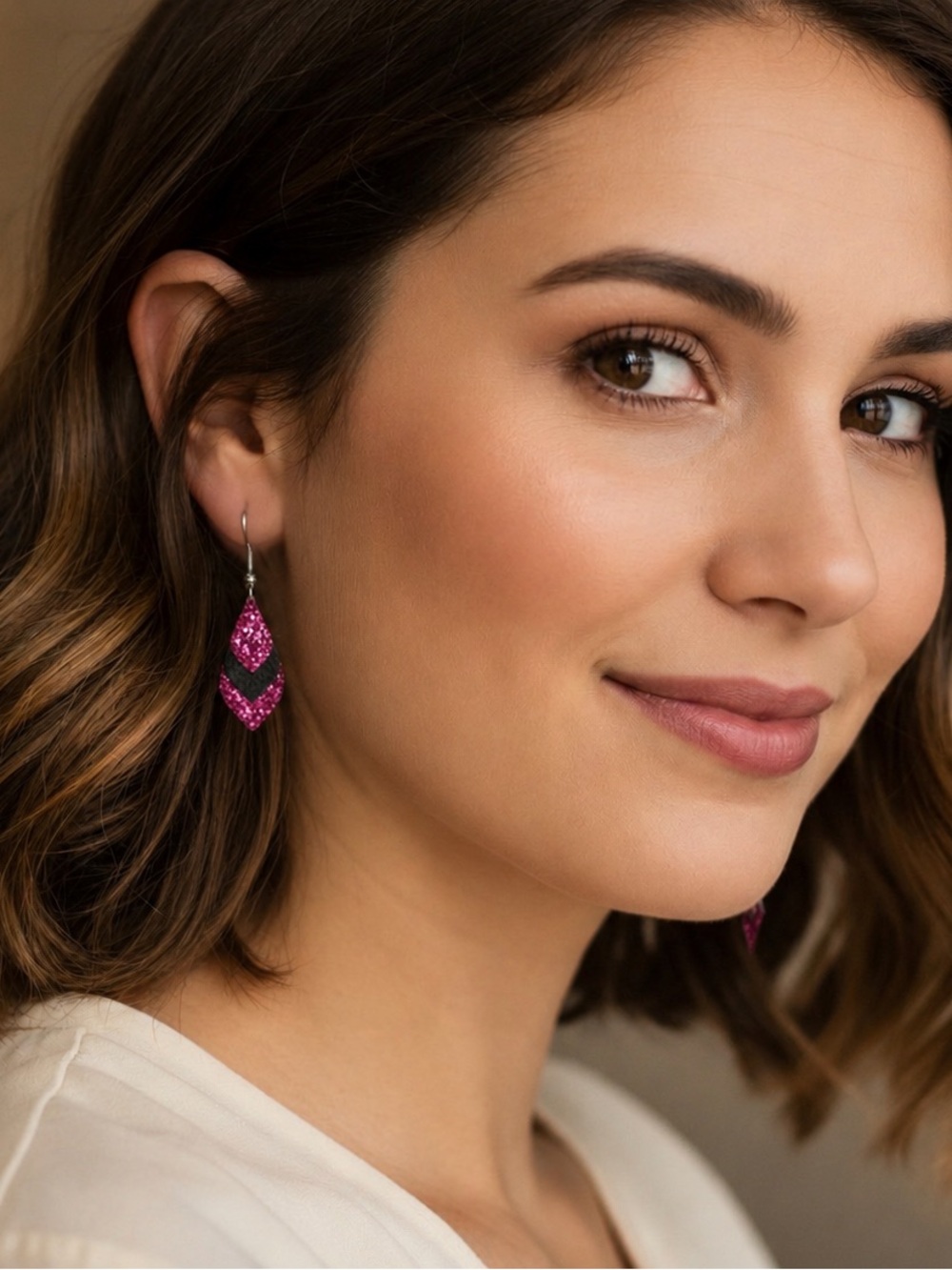 Sparkling Pink Layered Teardrop Earrings - Glitter & Black Accent